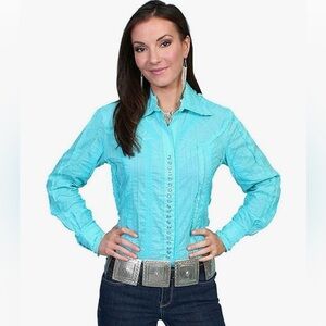 Scully Western Blouse Size L Blue Turquoise Lace Stripe Ruffled Long Sleeve